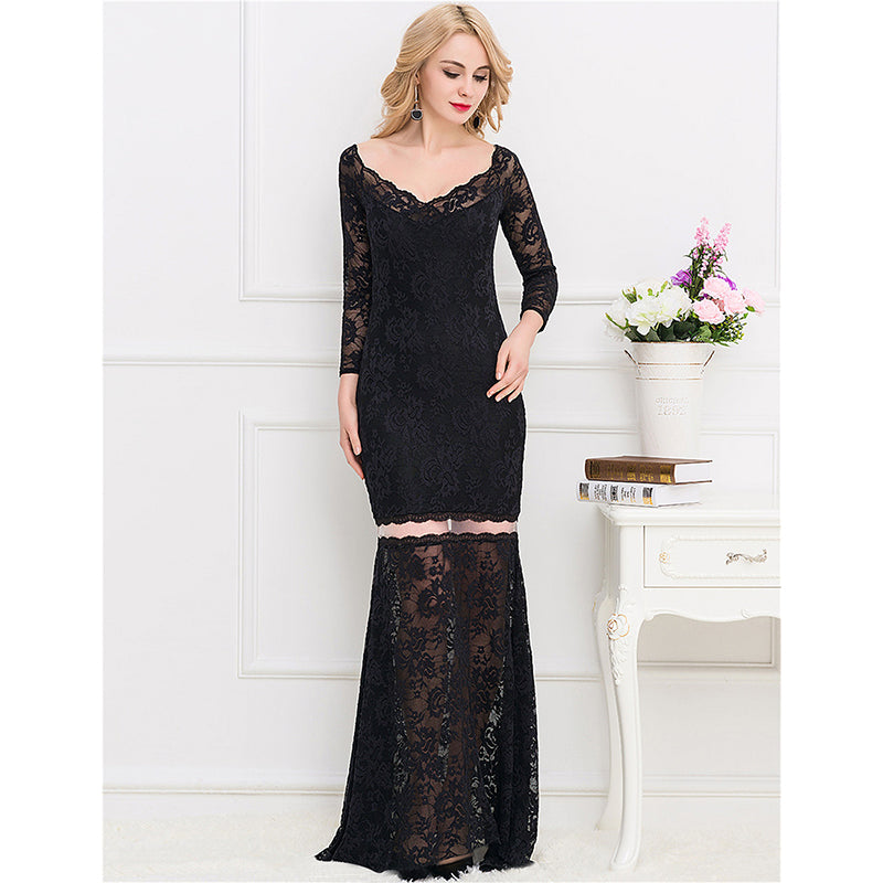 Black Lace Dress with 3/4 Sleeves - Perfect for Formal Events