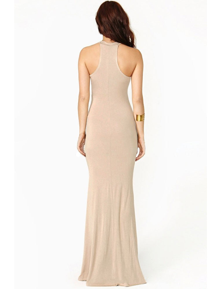 Elegant Black & Nude Maxi Dress with Halter Neckline - Shop Now at Rachael K
