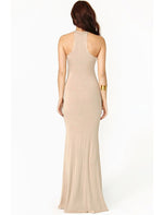 Load image into Gallery viewer, Elegant Black &amp; Nude Maxi Dress with Halter Neckline - Shop Now at Rachael K
