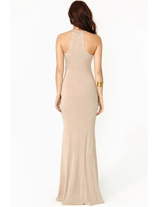 Elegant Black & Nude Maxi Dress with Halter Neckline - Shop Now at Rachael K