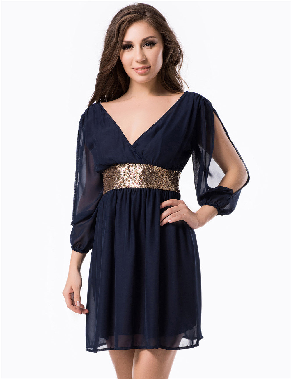 Navy-Gold Sequin Mini Dress - V-Neck, Mesh, Layered by Rachael K