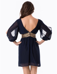 Navy Blue Mini Dress with Gold Sequin Detailing - V-Neck and Layered Mesh