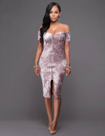 Load image into Gallery viewer, Pink Velvet Dress with Off-Shoulder Detail and Knee-Length Silhouette by Rachael K
