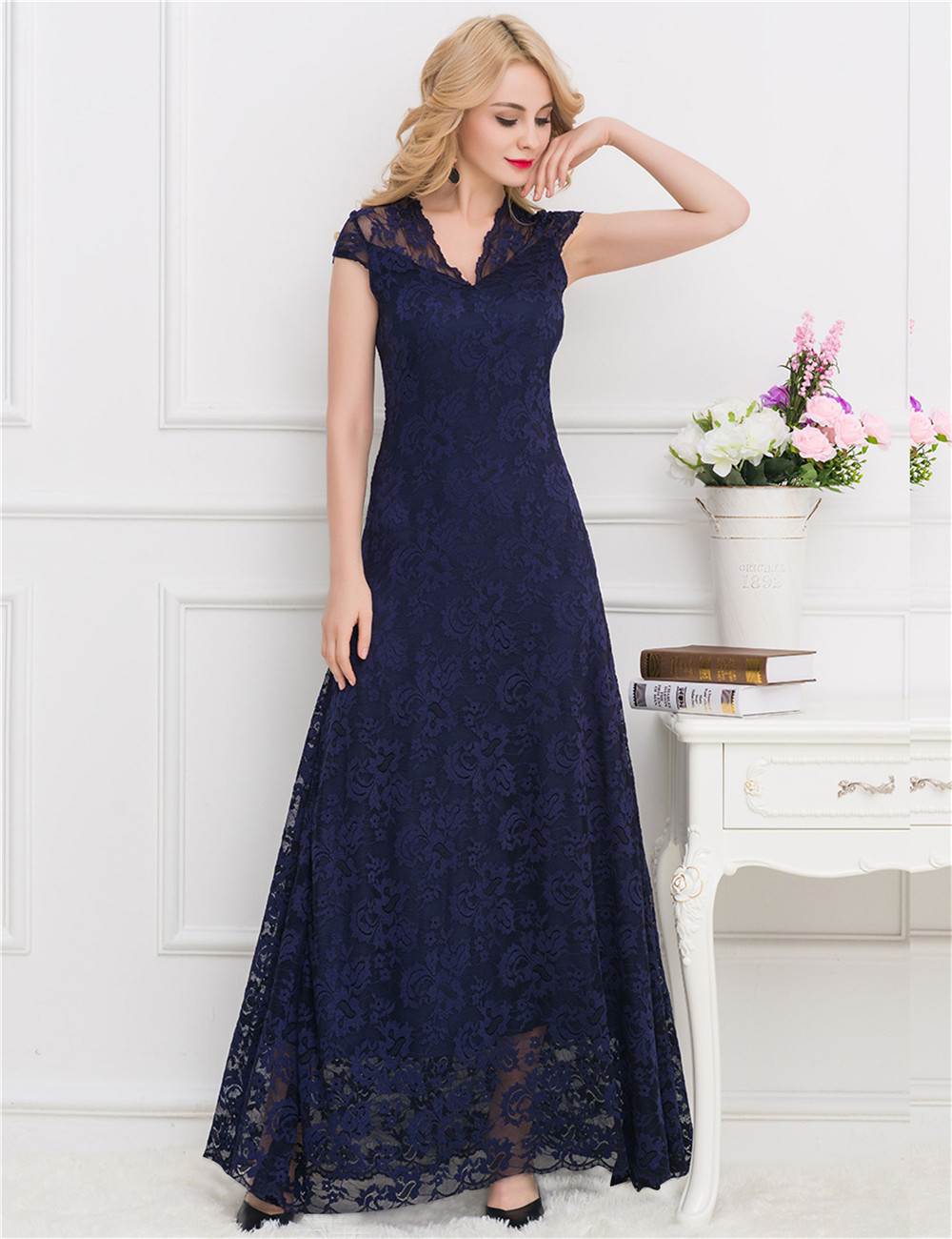 Plus Size Navy Maxi Dress with Lace Detailing and Long Sleeves by Rachael K