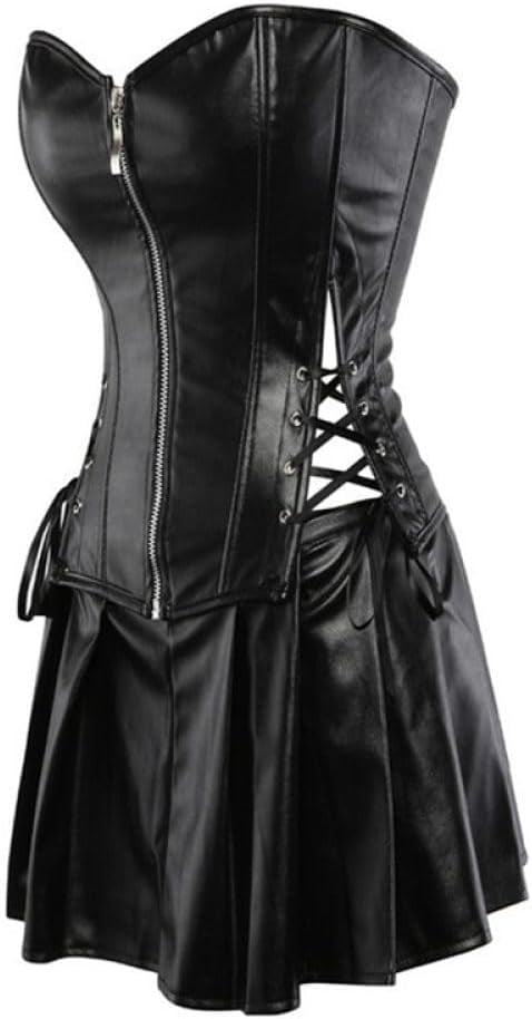 Black Faux Leather Corset and Mini Skirt Set with Zip-Up Front Closure.