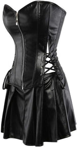 Load image into Gallery viewer, Black Faux Leather Corset and Mini Skirt Set with Zip-Up Front Closure.
