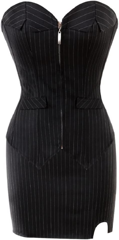 Black Pinstripe Bustier, Mini Skirt, and G-String Set with Overbust Corset Design.