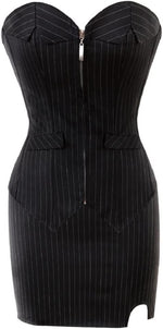 Load image into Gallery viewer, Black Pinstripe Bustier, Mini Skirt, and G-String Set with Overbust Corset Design.
