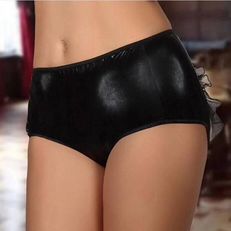 Plus Size Open Back Faux Leather Panty with Frills - Front View - Rachael K
