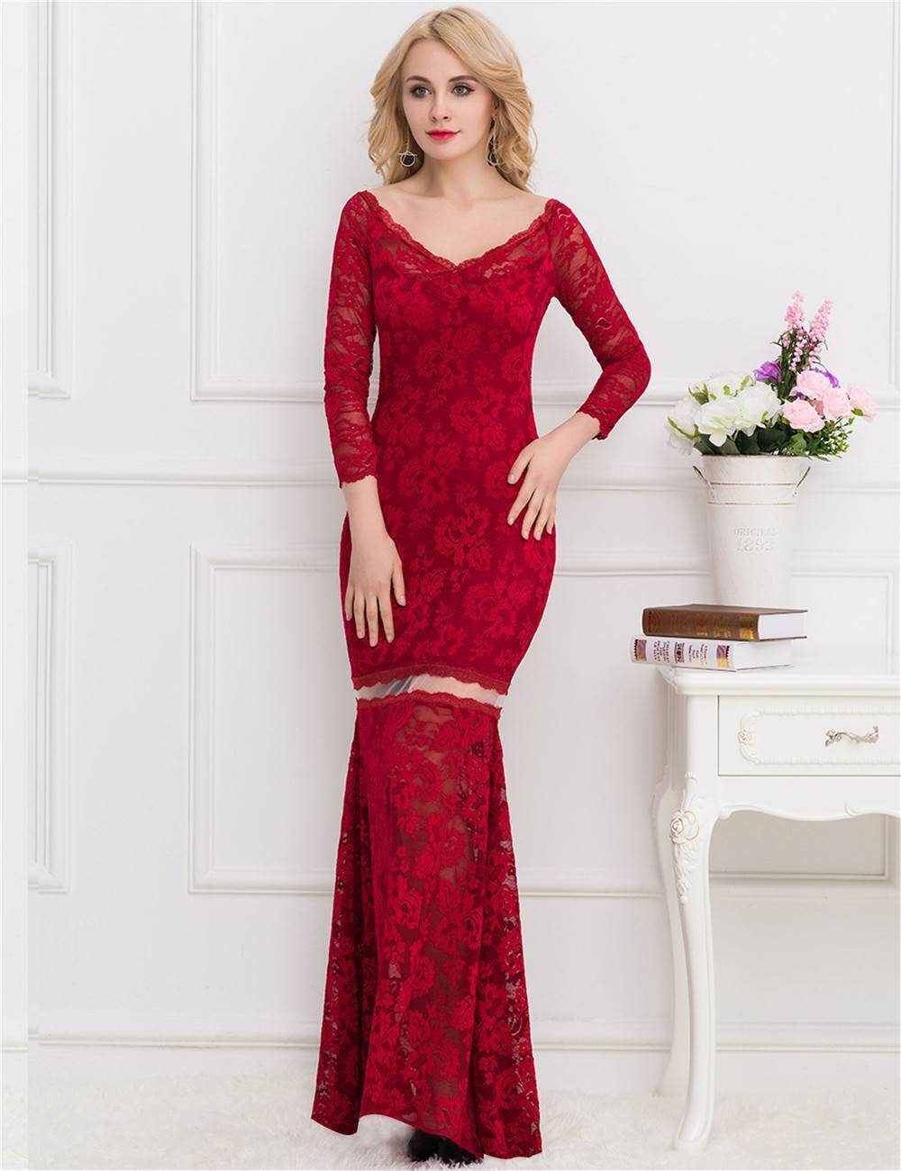 Ruby Red Lace Dress with 3/4 Sleeves - Stand Out in Style