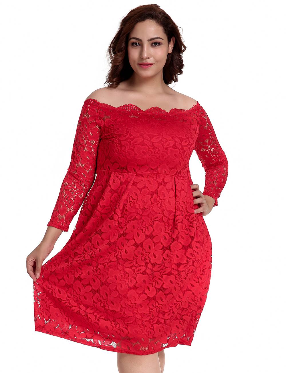 Celebrate your curves in this luxurious off-the-shoulder gown, featuring delicate layered lace.
