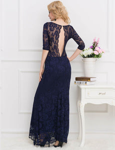 Elegant Navy Blue Open-Back Lace Maxi Dress – Timeless Evening Wear
