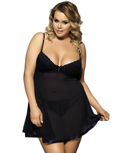 Elegant plus-size black babydoll lingerie set by Rachael K, featuring a bra-style top and flowing mesh for curvy women.