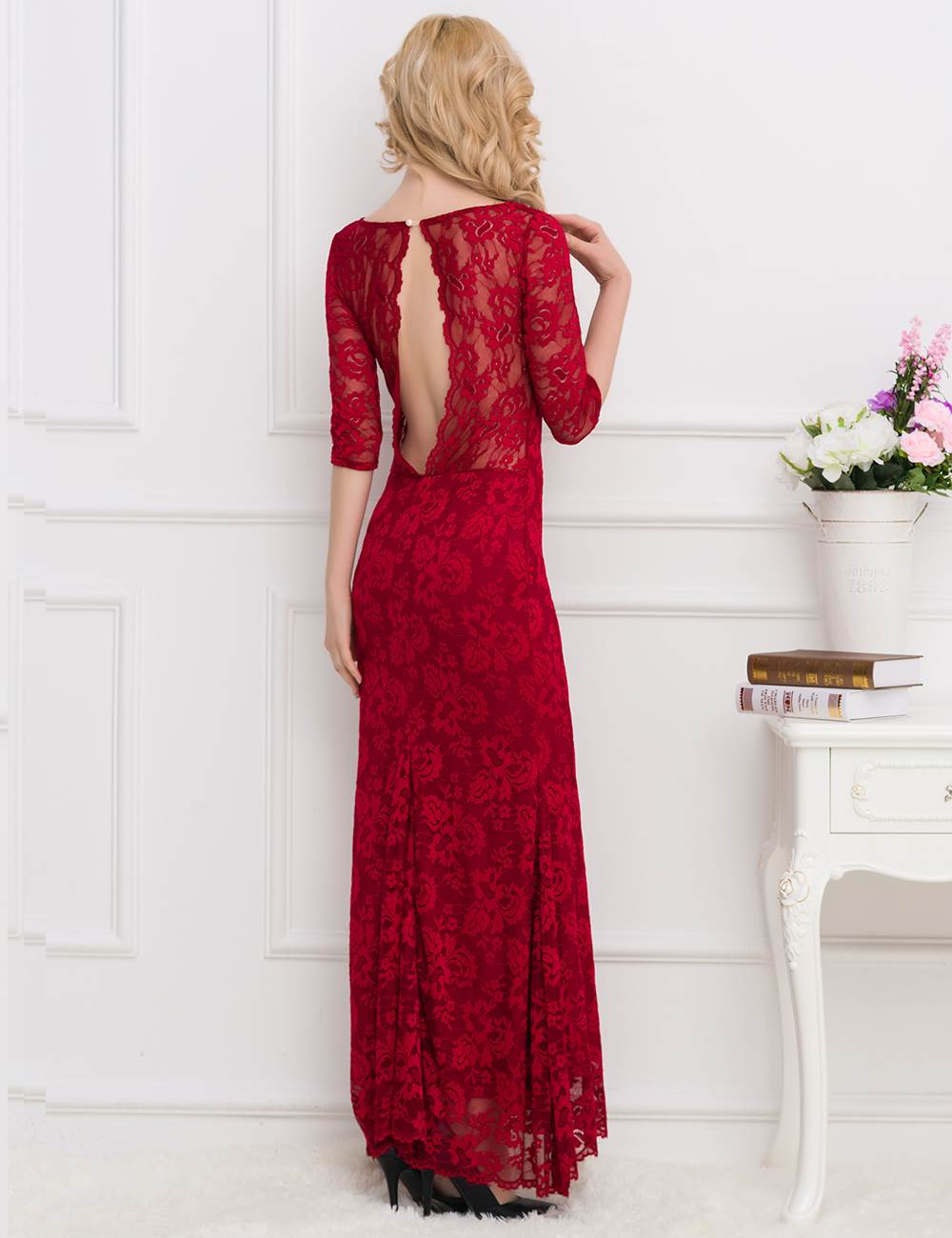 Formal ruby red lace maxi dress designed to make a statement at upscale events.