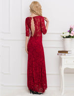 Load image into Gallery viewer, Formal ruby red lace maxi dress designed to make a statement at upscale events.

