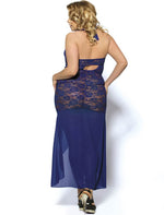 Load image into Gallery viewer, Long navy lingerie gown with a halter neckline, designed for sophistication and sensuality, part of the Rachael K collection.
