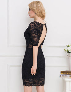 Model Wearing Plus Size Blue Lace Overlay Dress - Perfect for Special Occasions
