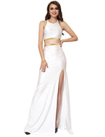 Load image into Gallery viewer, Model Wearing White Maxi Skirt with Gold Detailing - Perfect for Formal Events
