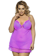 Load image into Gallery viewer, Luxury purple babydoll set with a padded lace bra, sheer mesh skirt, and coordinating lace panty.
