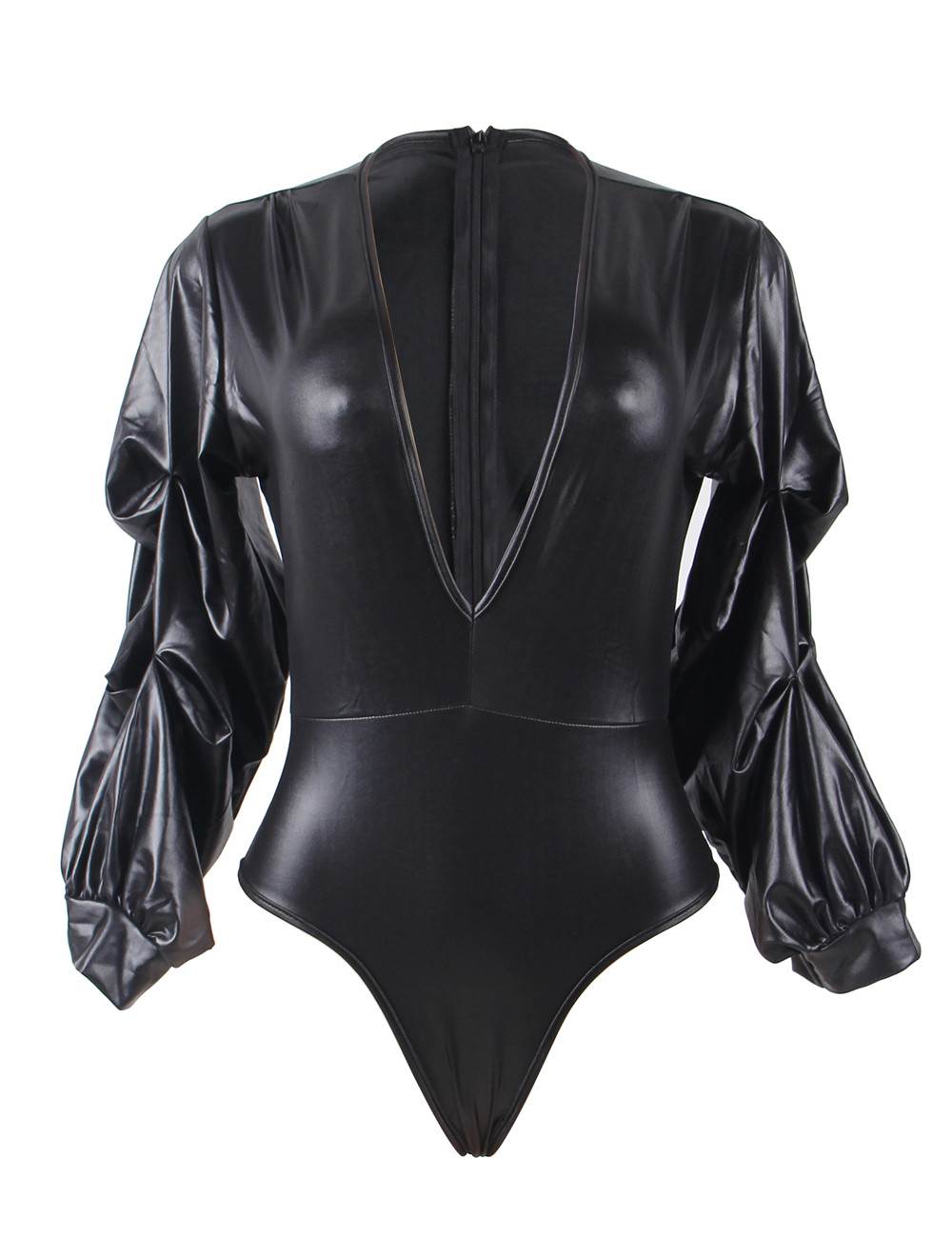 Empower Your Edge: Black Wet-Look Leather Teddy