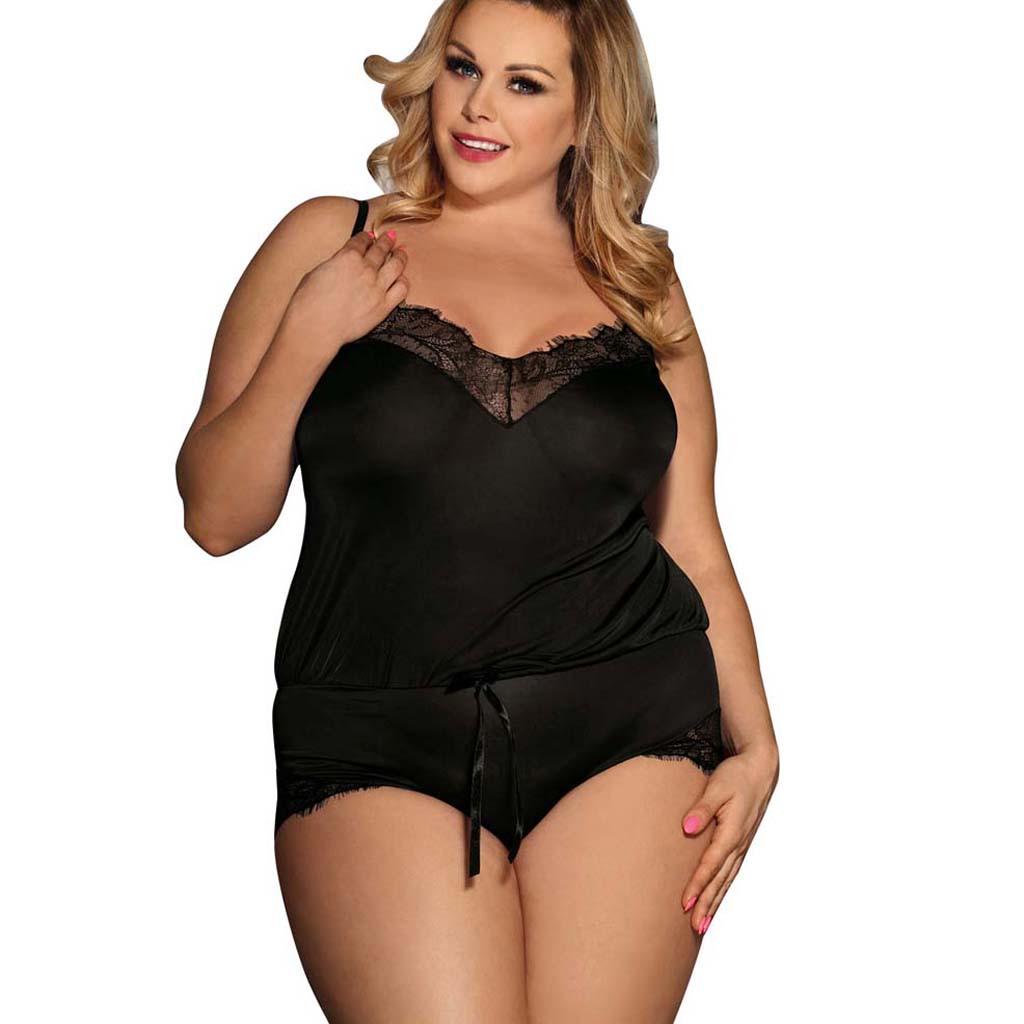 Black lace romper lingerie with a plunging V-neckline, floral detailing, and adjustable straps for a sultry and elegant look.