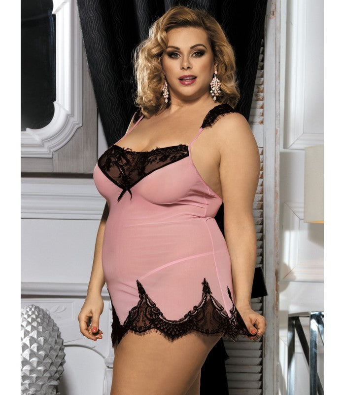 Elegant mini-length pink chemise featuring black lace accents and matching panty.