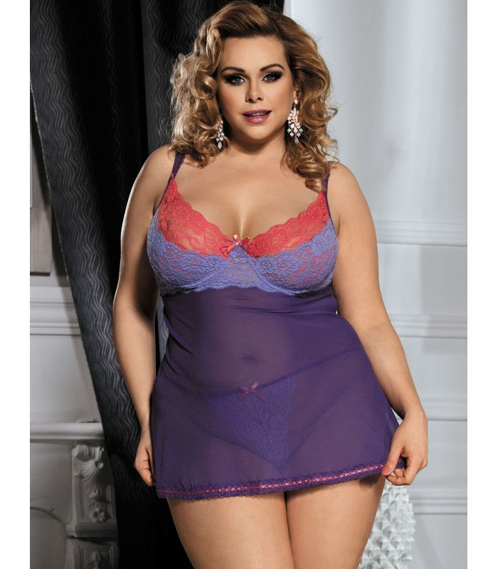 Purple and pink lace mesh babydoll lingerie set with floral lace bodice, sheer mesh skirt, adjustable straps, and matching g-string.