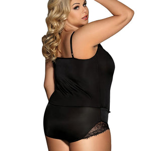 Black lace romper lingerie with a plunging V-neckline, floral detailing, and adjustable straps for a sultry and elegant look.