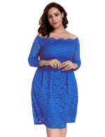 Load image into Gallery viewer, Rachael K off-the-shoulder blue lace plus-size dress with a refined double-layered design.
