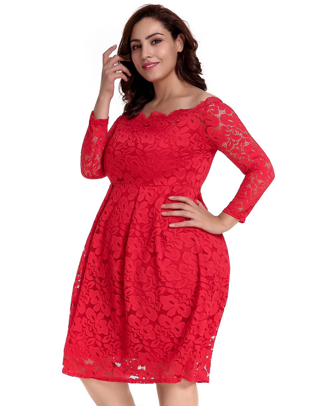 Rachael K plus-size evening dress, showcasing layered lace detailing and graceful charm.