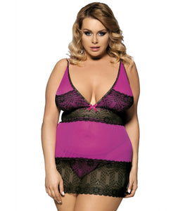 Romantic plus size lace chemise nightwear set in black, red, blue, or pink