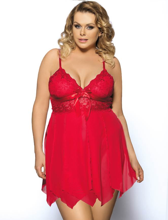 Sexy red babydoll lingerie set for curvy women, featuring sheer mesh, lace accents, and a flattering silhouette.