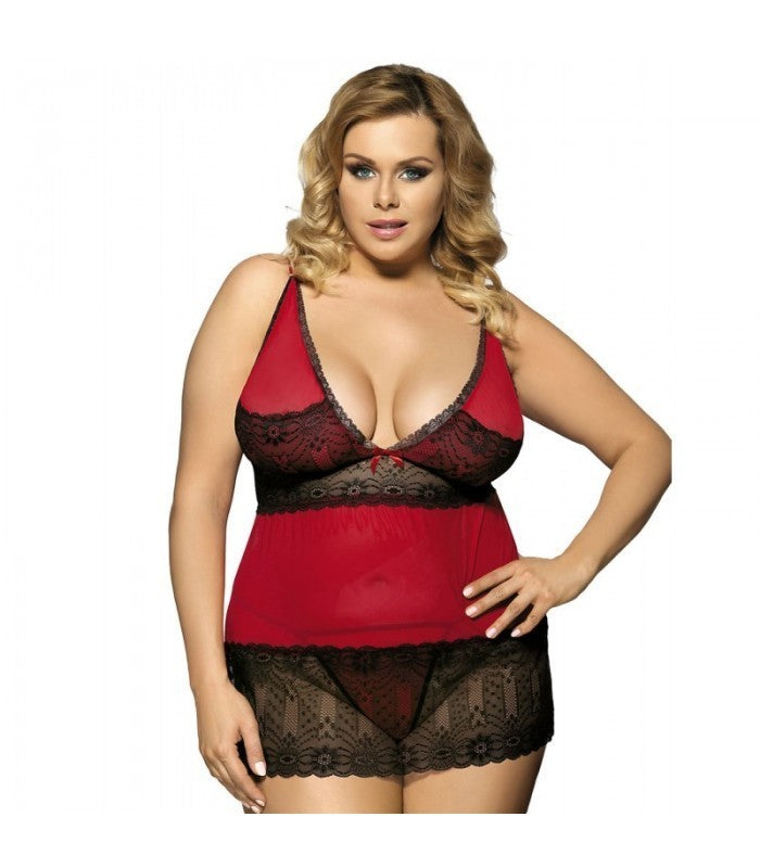Sheer lace plus size chemise babydoll lingerie in flattering black, red, blue, or pink