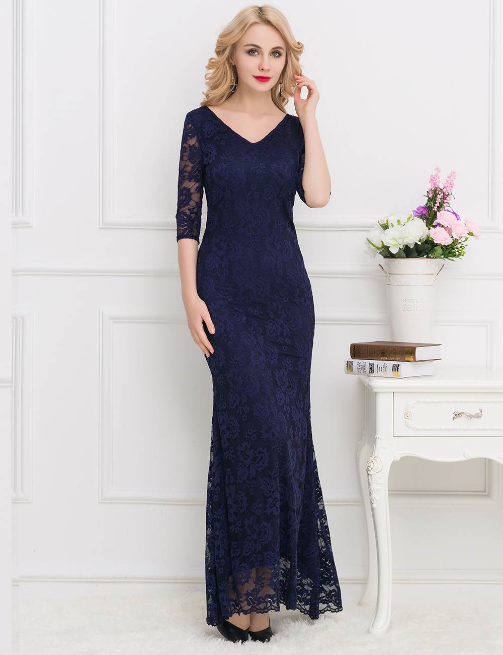 Statement navy lace maxi gown from Rachael K, blending classic charm with modern elegance.