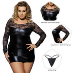 Load image into Gallery viewer, Plus size faux leather look lingerie with scoop neck, long sleeves, and sleek mini length
